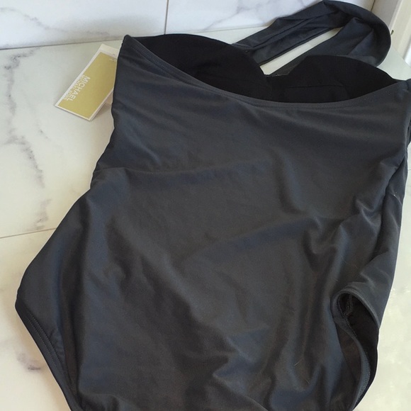 Michael Kors Gunmetal Dark Grey Halter Neck Tie One Piece Swimsuit NWT - Picture 8 of 9